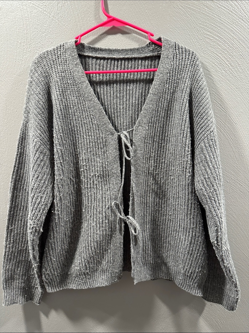 SHEIN Gray Ribbed Tie-Front V-Neck Cardigan